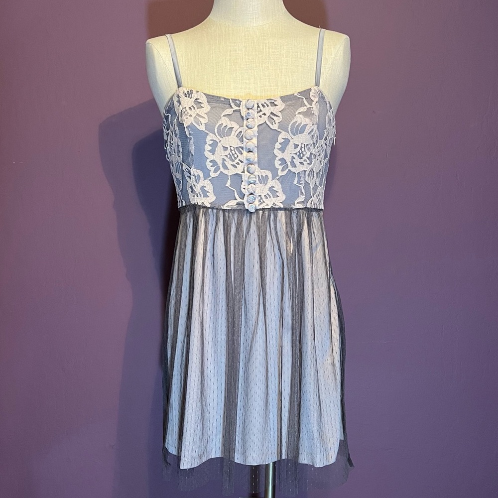 🩶C. Luce Lace Babydoll Dress Gray Tulle Overlay Spaghetti Strap